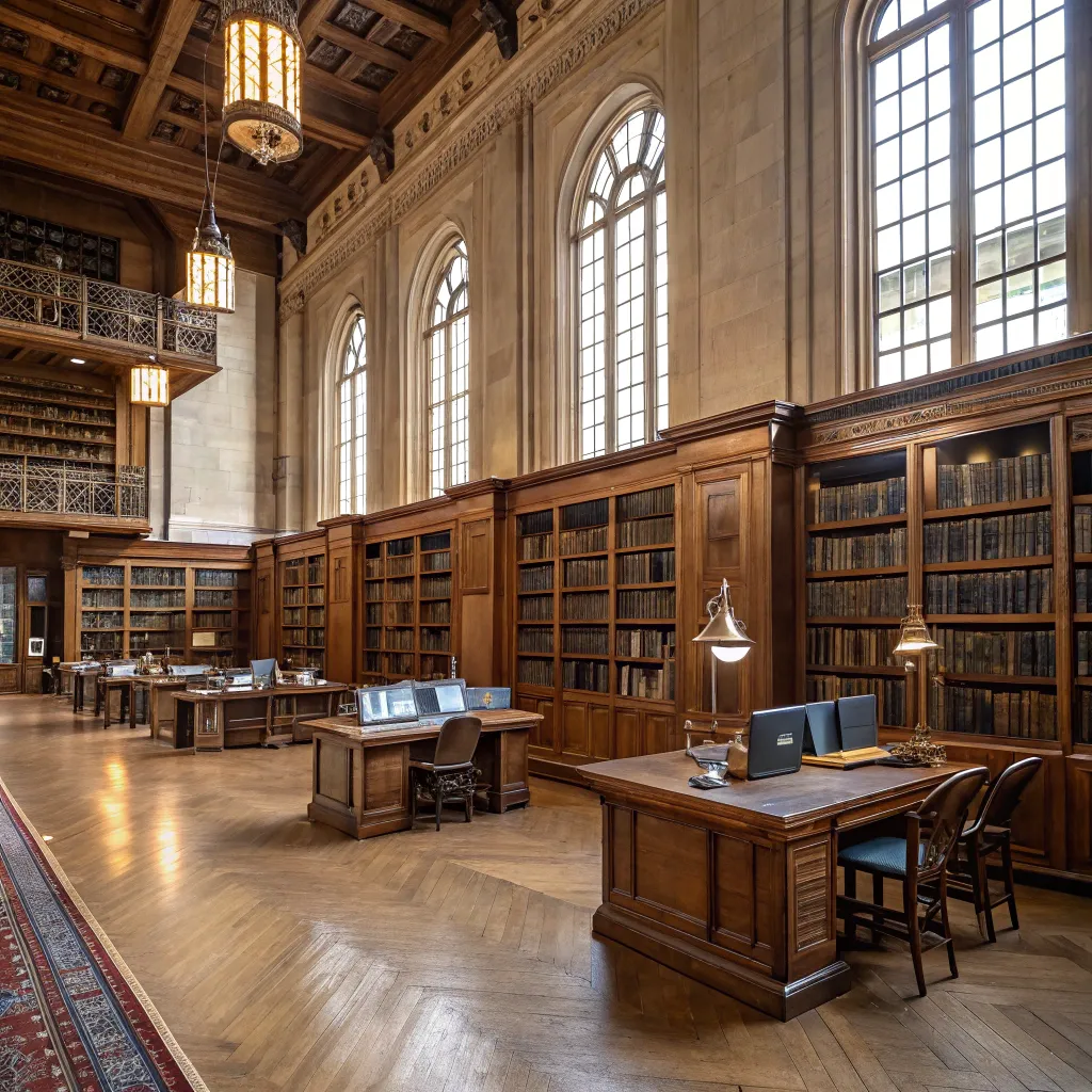 Revamped historic library reading room with vintage hardware